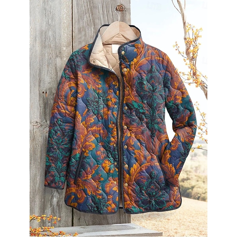 Women's Winter Jacket Puffer Jacket Warm Comfortable Pocket Buttons Print Vintage Boho Vintage Geometric Vacation Casual Daily Single Breasted Regular Stand Collar Regular Fit Long Sleeve Outerwear3