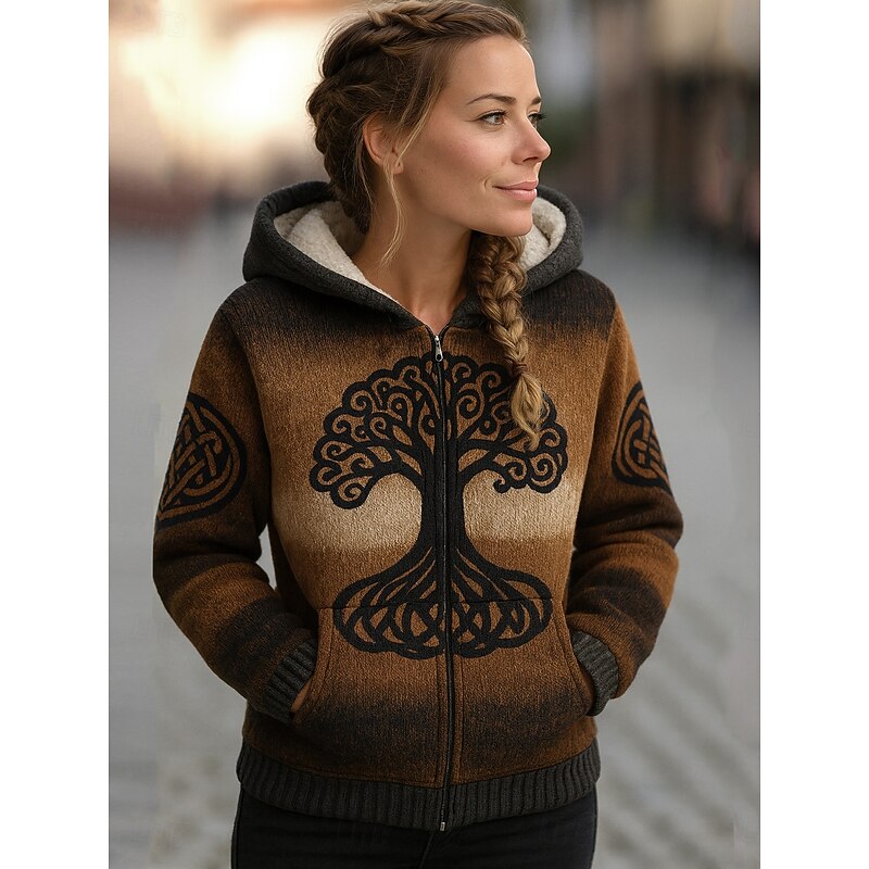 Viking Boho Women's Winter Coat Warm Lightweight Zipper Print Fleece Lined Elegant Vintage Fashion Geometric Home Work Casual Zipper Regular Hooded Loose Fit Long Sleeve Outerwear2