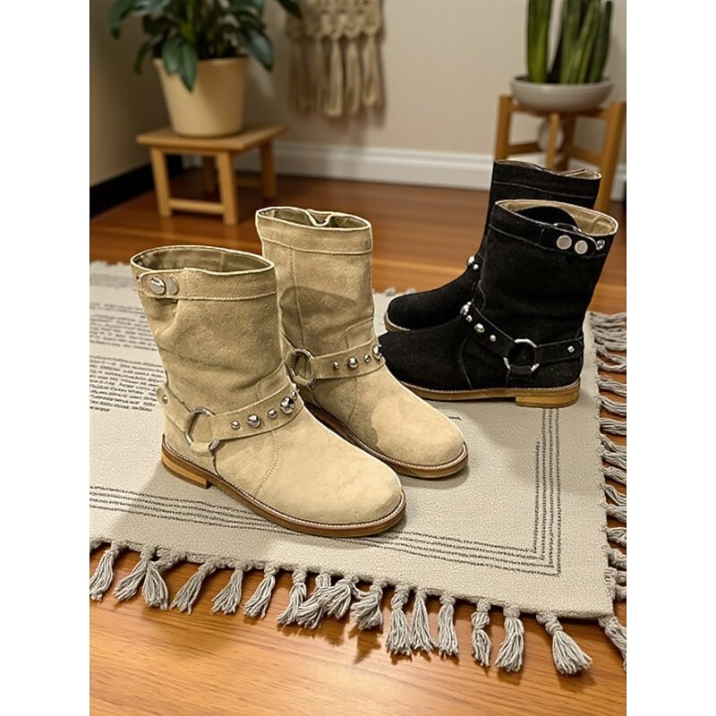 Women's Suede Ankle Boots with Ring Strap and Studded Detail Comfortable Flat Heel Shoes for Casual Outfits