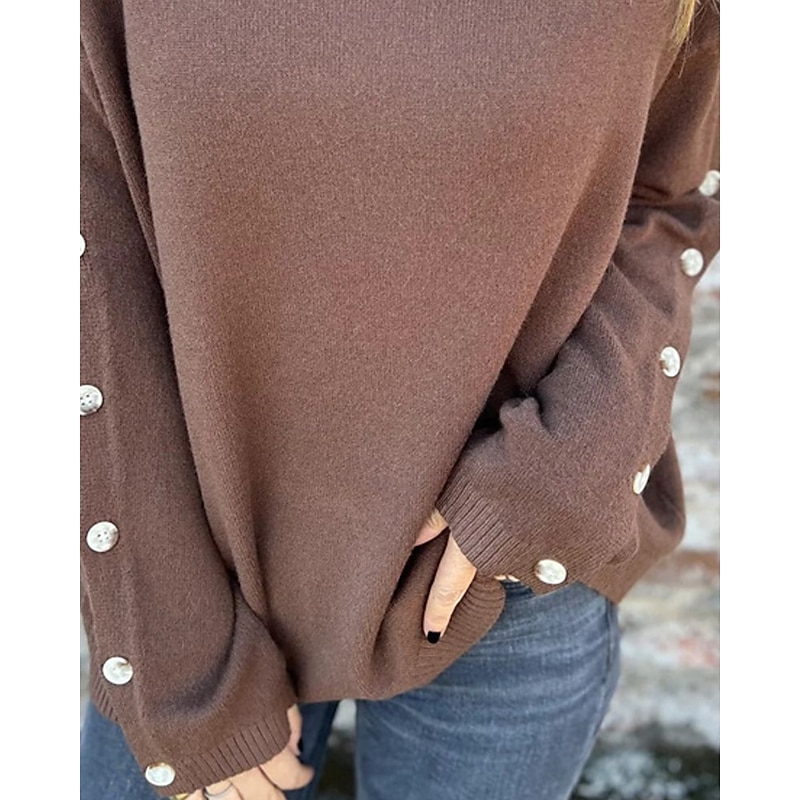 Women's Sweater Fashion Streetwear Casual Pure Color Ribbed Turtleneck Buttons Knitted Long Sleeve Regular Tops Knit Outdoor Daily Weekend Brown Fall Winter3