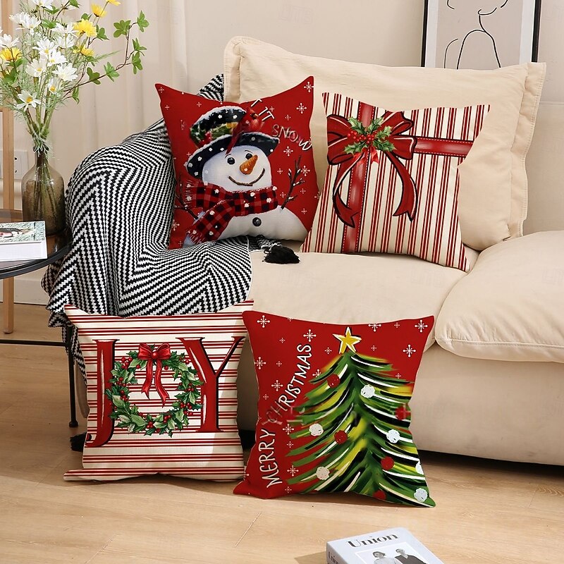 Christmas Throw Pillow Set, Red Decorative Sofa Cushions with Bowknot, Striped Print, Party & Holiday Home Decor, Festive Cushion Covers