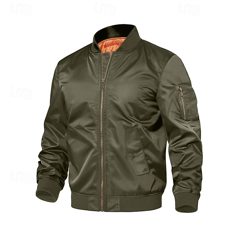 Men's Bomber Jacket Casual Jacket Vacation Daily Breathable Pocket Spring Fall Plain Fashion Classic Stand Collar Regular Black Army Green Jacket