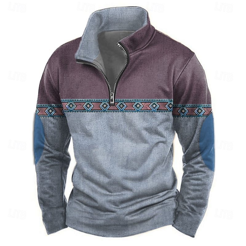 Men's Tribal Sweatshirt Ethnic Vintage Retro High Neck Outdoor Sports Outdoor Blue Green Zipper Quarter Zip Fall Winter Designer3