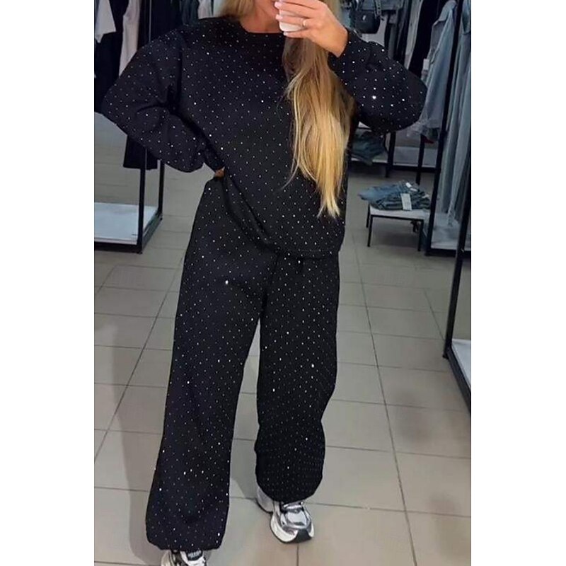 Women's Fashion Streetwear Pants Sets Bolero Top Long Sleeve Crew Neck Solid Color Sequins Outdoor Work Casual Black White Blue Fall Loose Fit4