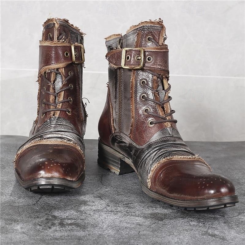 Men's Vintage Brown Leather Combat Boots – Retro Lace-Up Military Style Ankle Boots with Buckle Straps for Motorcycle Riding and Casual Fashion2