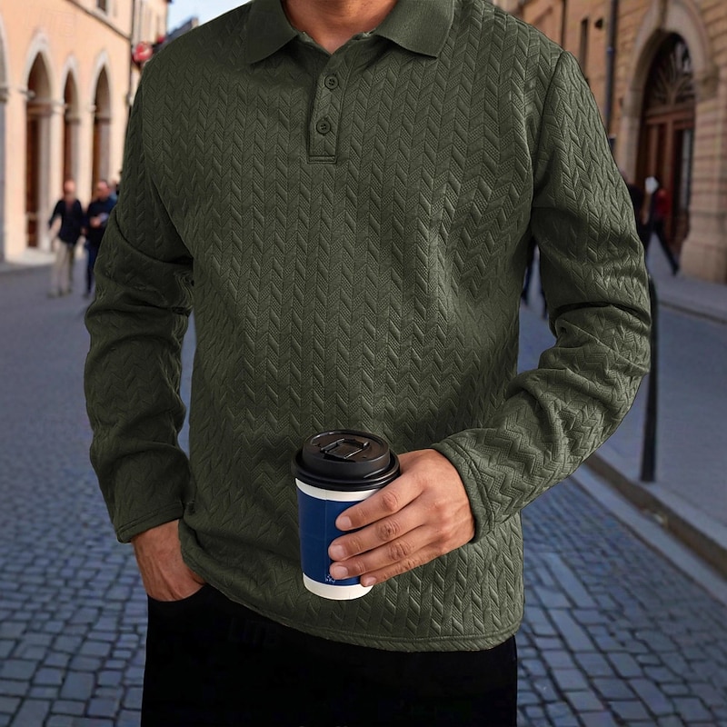 Men's Polo Shirts Golf Polos Shirts Business Casual Lapel Classic Long Sleeve Fashion Basic Solid Color Textured Jacquard Fall Winter All Seasons Loose Fit Black White Gray Navy Blue Khaki Army Green2