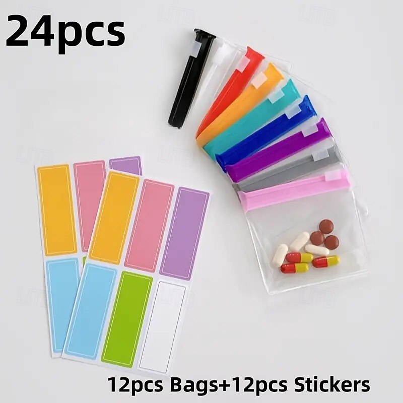 24 Piece Mini Zipper Pouch and Sticker Bag Set Practical Storage Bags for Jewelry Pills Bait Travel Accessories and Small Item Organization