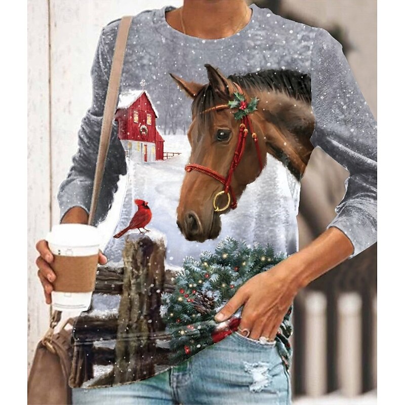 Women's Pullover Sweatshirt Hoodies Graphic Christmas Fashion Casual Long Sleeve Crew Neck Regular Tops Street Dailywear Casual Print Gray Fall Winter