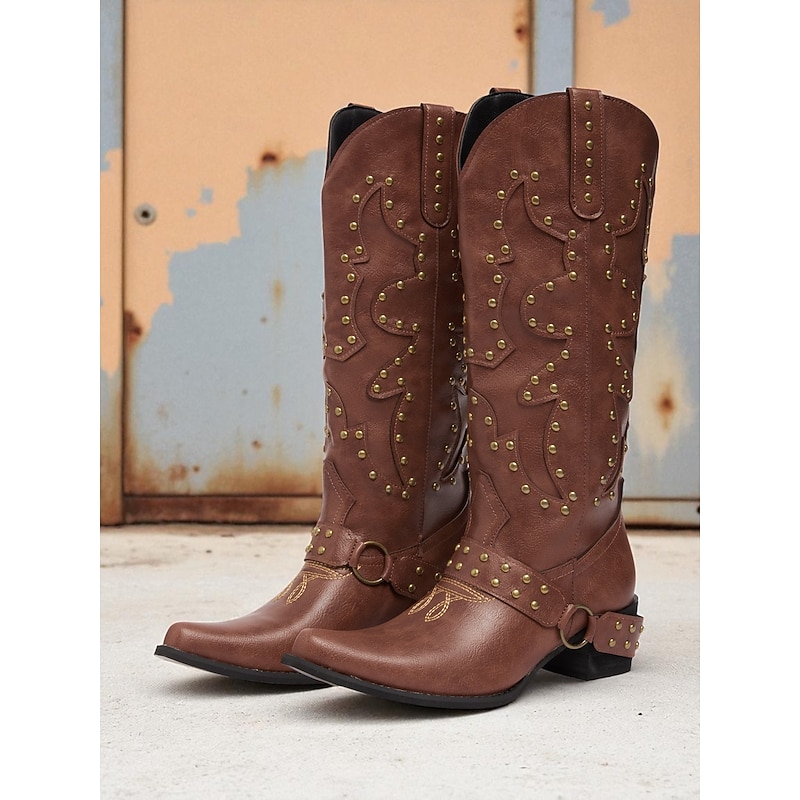 Women's Dark Brown Western Cowboy Boots – Studded Faux Leather Mid Calf Boots with Chunky Heel for Country Style and Concerts2