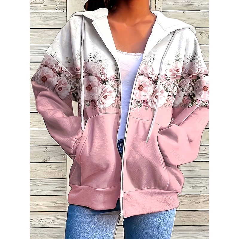 Women's Zip Up Hoodies Floral Graphic Fashion Casual Long Sleeve Hooded Regular Tops Street Dailywear Zipper Pocket Print Light Pink Light Purple Light Blue Spring Fall Winter