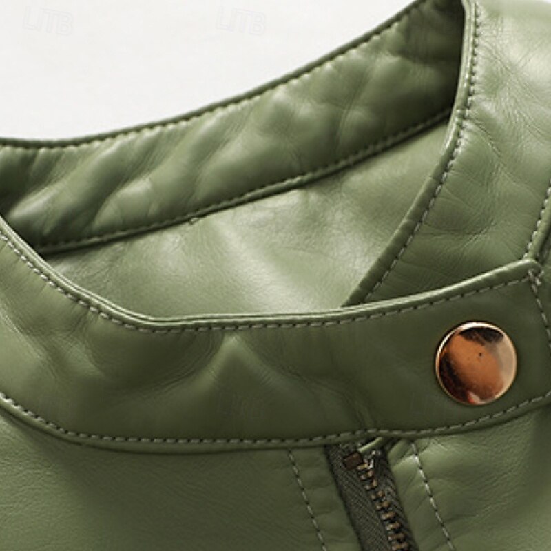 Women's Faux Leather Jacket Comfortable Zipper Pocket Fashion Plain Outdoor Vacation Going out Weekend Regular Collarless Regular Fit Long Sleeve Outerwear Black Red Green Spring Fall3