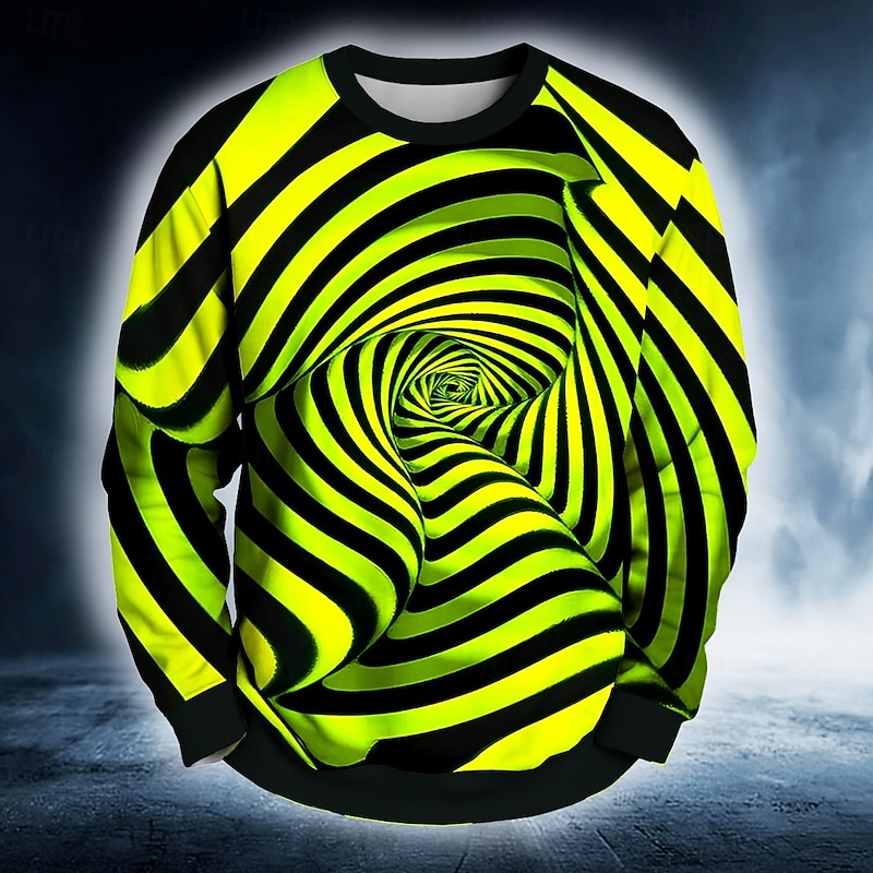 Men's Geometric Optical Illusion 3D Sweatshirt Casual Crew Neck Vacation Party Gift Blue Green Crewneck All Seasons Designer