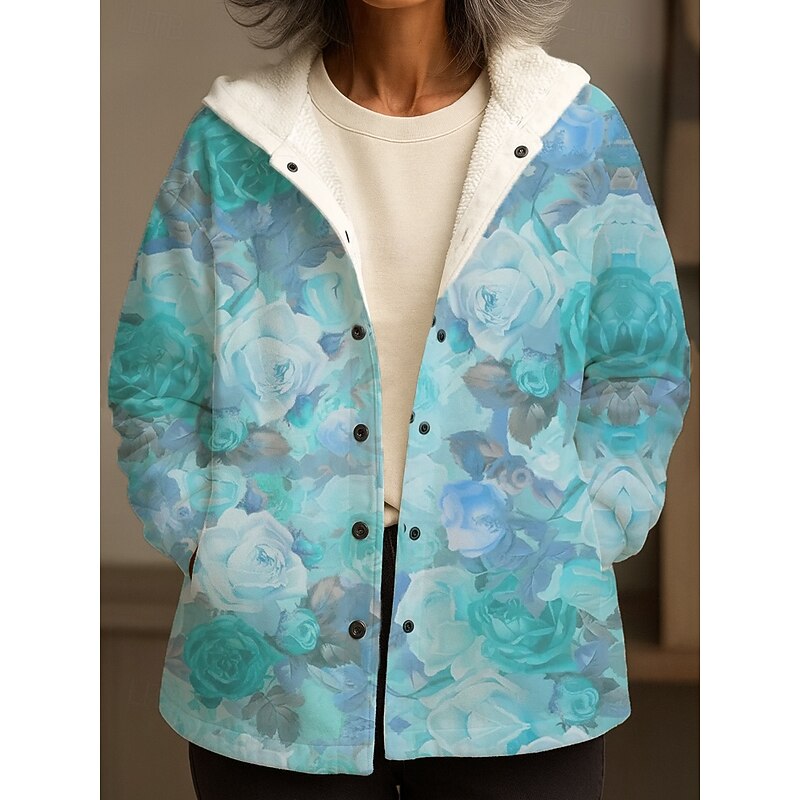 Women's Winter Coat Winter Jacket Warm Quick Dry Buttons Daily Modern Casual Comfortable Floral Vacation Casual Athleisure Daily Regular Hooded Loose Fit Sleeveless Outerwear Light Blue Yellow Pink3