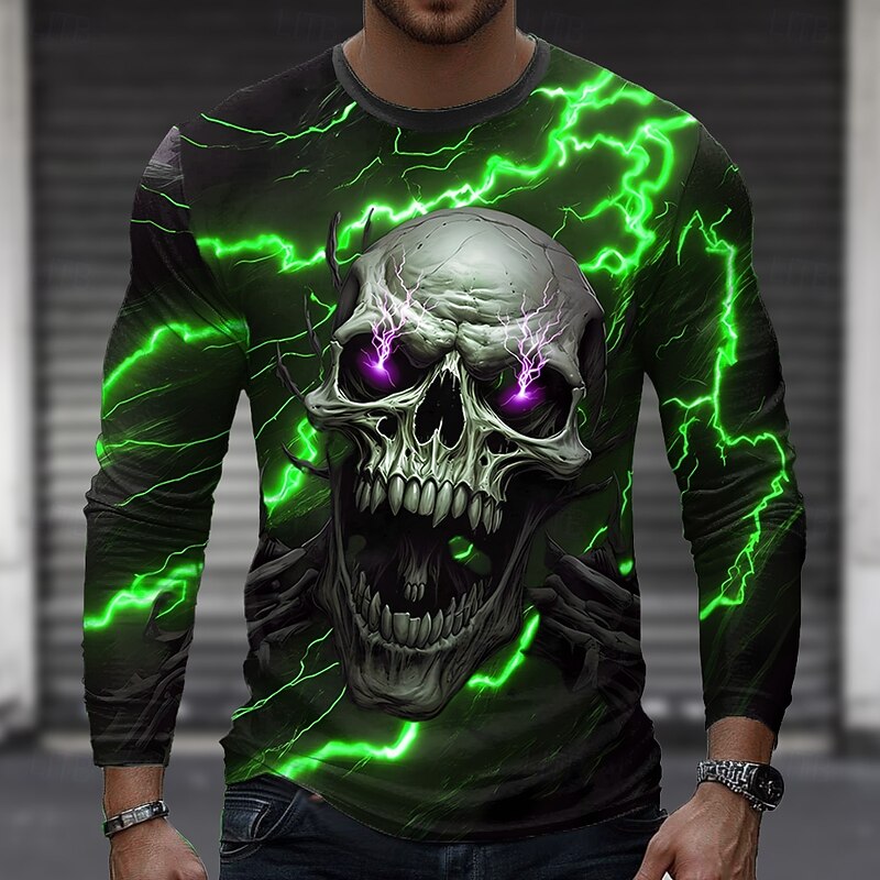 Halloween Men's Skull Lightning T Shirt Long Sleeve T shirt 3D Print Crew Neck Shirt Fashion Exaggerated Street Casual Daily Yellow Blue Green Summer Spring Fall Clothing Apparel S M L XL XXL XXXL3