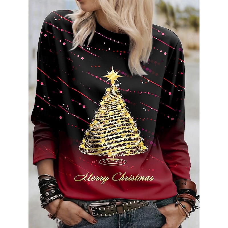 Christmas Women's T Shirt Graphic Christmas Tree Vintage Fashion Stylish Long Sleeve Crew Neck Regular Tops Daily Weekend Print Red Blue Purple Green Spring Fall Winter