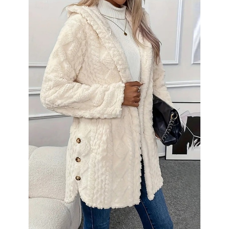 Women's Sherpa Jacket Casual Jacket Comfortable Breathable Pocket Buttons Casual Plain Vacation Street Casual Daily Wear Open Front Regular Hooded Regular Fit Long Sleeve Outerwear Black White Apricot