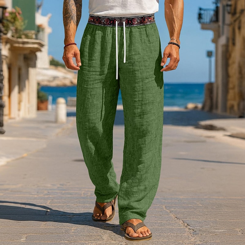 Men's Linen Pants Trousers Summer Pants Baggy Pants Beach Pants Drawstring Patchwork Elastic Waist Geometric Comfort Breathable Full Length Casual Daily Holiday Vacation Fashion Green Khaki