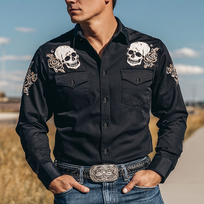Men's Skull Day of the Dead Flowers Shirt Western Shirt Cowboy Shirt Long Sleeve Vintage Retro Outdoor Holiday WorkWear Spring Fall Turndown Front Two Pockets Linen Like Shirt Button Up Shirts Black