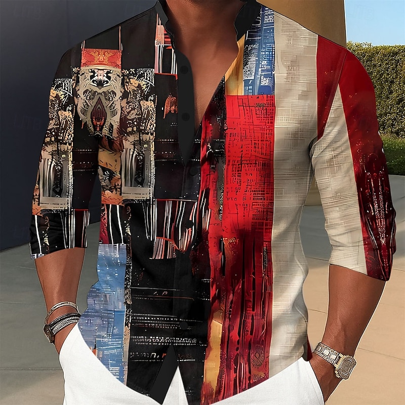 Men's Geometric Color Block Patchwork Shirt Stand Collar Shirt Long Sleeve Vintage Retro Dailywear Holiday Spring Fall Mandarin Collar Band Collar 3D Print Button Up Shirts Red Blue Green