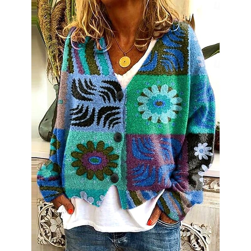 Women's Sweater Cardigan Elegant Vintage Fashion Floral Graphic Geometric V Neck Pocket Knitted Print Long Sleeve Regular Tops Knit Outdoor Daily Weekend Red Brown Blue Fall Winter2