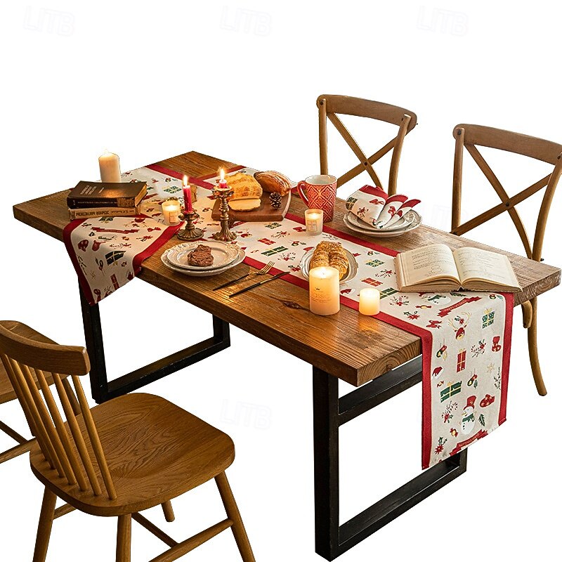 Christmas Table Runner Cotton Linen with Snowman Embroidery, Holiday Dining Table Cloth Decoration, Xmas Party Table Decor Ornament4