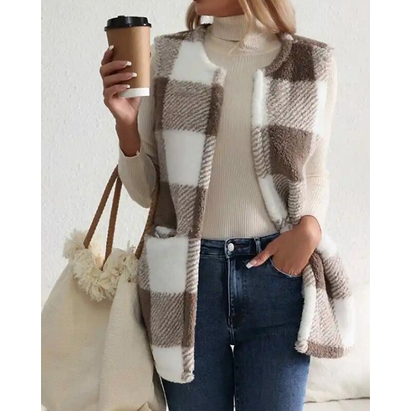 Women's Vest Shearling Vest Comfortable Pocket Buttons Casual Plaid Vacation Daily Wear Going out Weekend Regular Crewneck Regular Fit Sleeveless Outerwear Black Khaki Light Grey Fall Winter4
