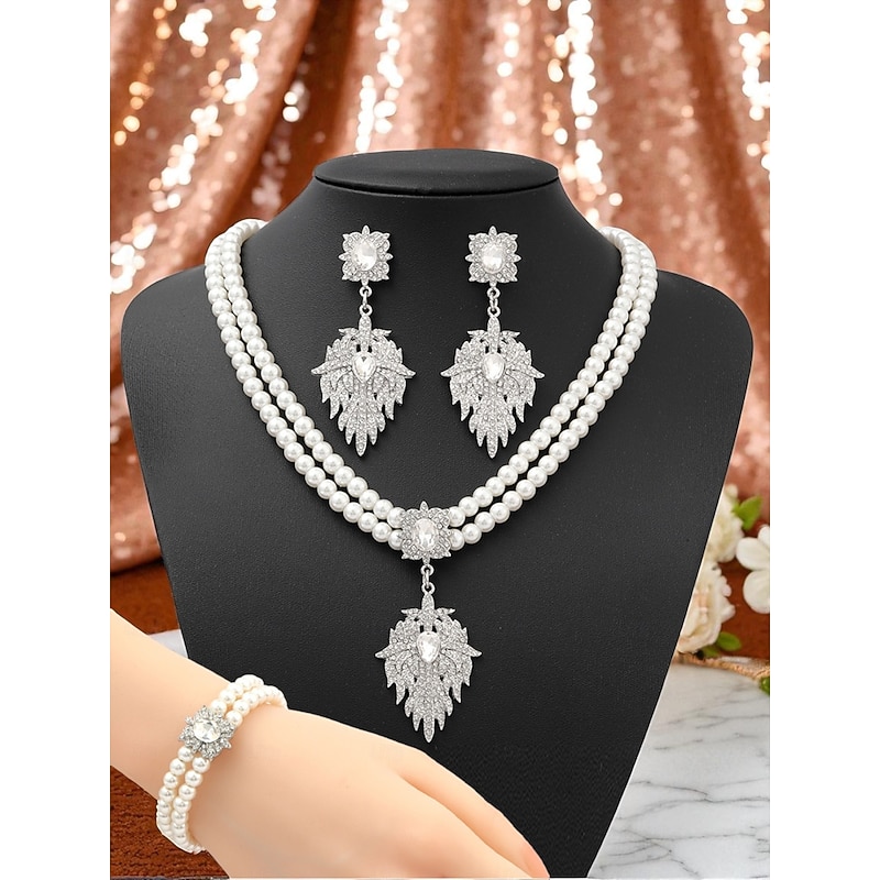 Women's Pearl Jewelry Set with Crystal Flower Accents - Vintage Gatsby Style Necklace, Earrings and Bracelet for 1920s Party and Cocktail Events4