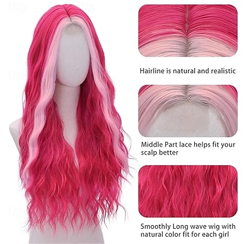 Hot Pink Wig-Long pink Wigs for Women Natural Wavy Synthetic Wig Heat Resistant Fiber Wigs for Daily Party Halloween Cosplay3