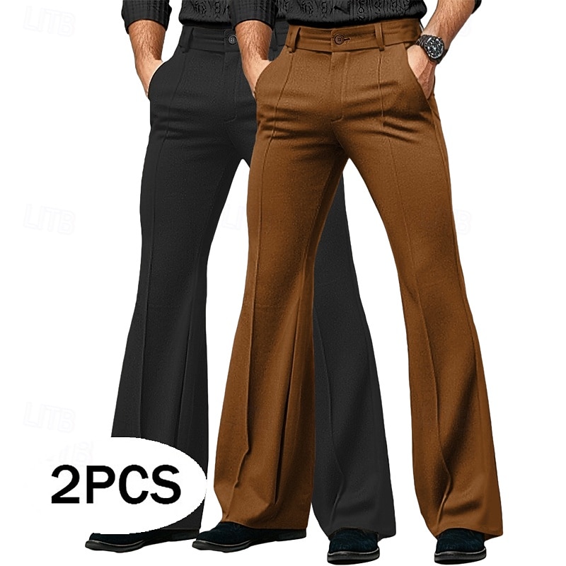 Men's Flared Pants Bell Bottom Trousers Dress Pants Pocket Plain Comfort Breathable Full Length Outdoor Business Daily Fashion Casual Brown+Black Brown+white Inelastic