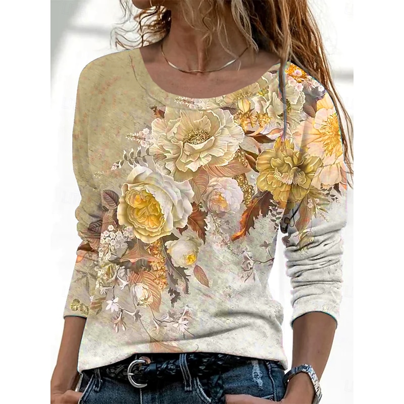Women's T Shirt Ombre Floral Graphic Vintage Fashion Stylish Long Sleeve Round Neck Regular Tops Daily Weekend Print Yellow Pink Blue Purple Gray Spring Fall Winter3