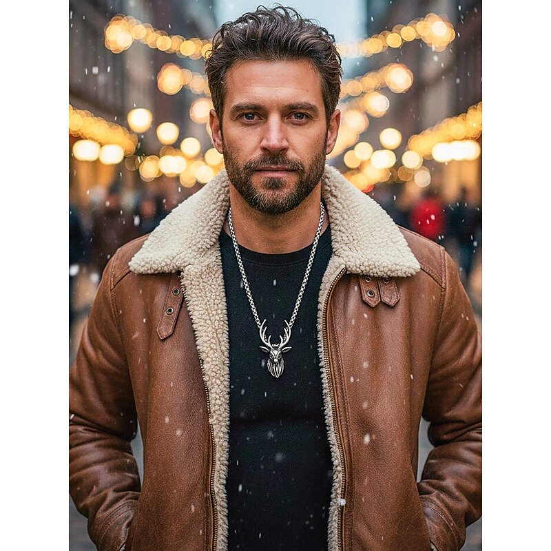Men's Alloy Deer Head Necklace - Vintage Deer Antler Pendant Necklace, Perfect for Outdoor Style and as a Christmas Gift2