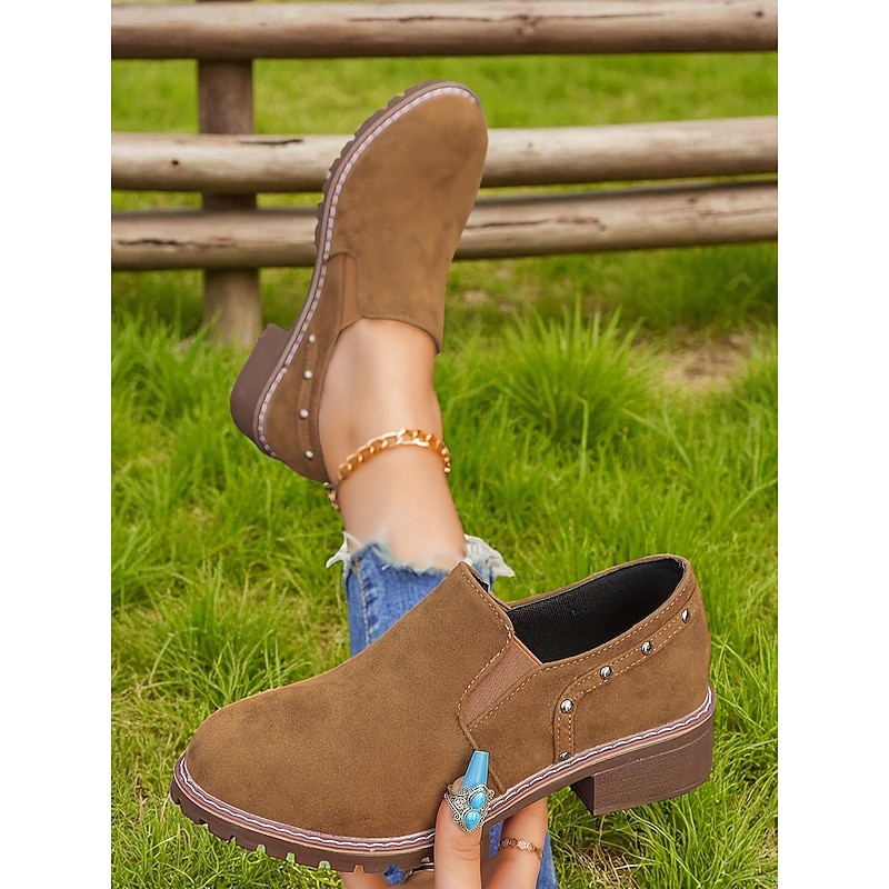 Women's Light Brown Slip-On Shoes with Studded Detail, Casual Retro Style Low Heel Shoes for Daily Wear3