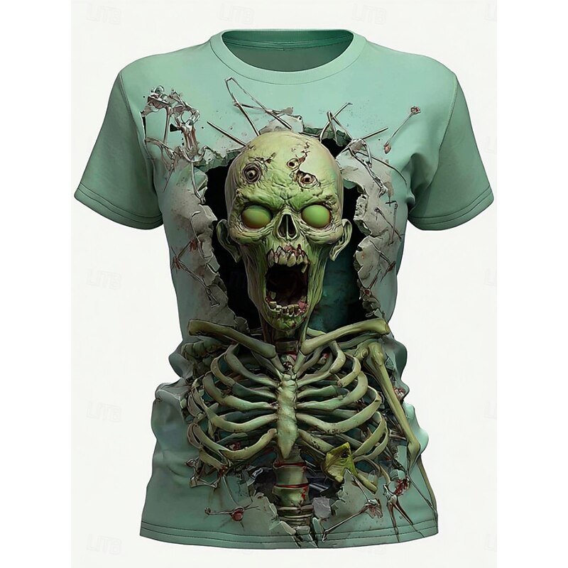 Halloween Women's T Shirt Skulls Graphic Skeleton Vintage Stylish Casual Short Sleeve Crew Neck Regular Tops Daily Going out Weekend Print Pink Blue Purple Green Summer