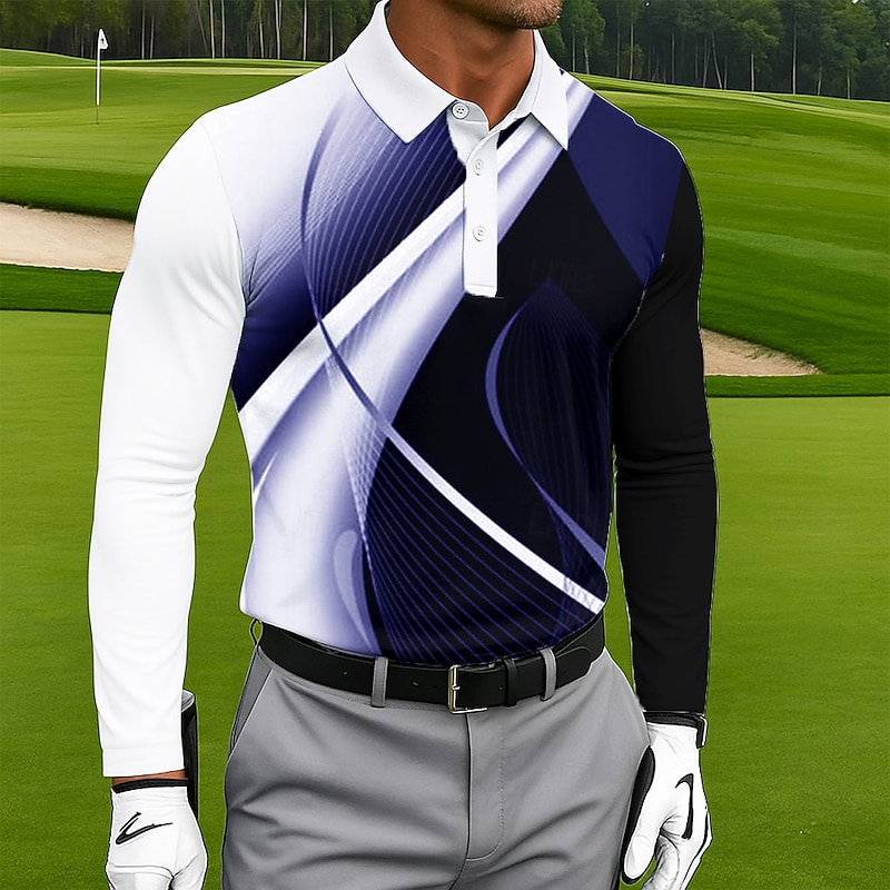 Men's Geometic Golf Polo Long Sleeve Polo Shirts Lapel Casual Outdoor Athleisure Sports Daily Wear 3D Print Buttons Spring Fall Winter Black Blue Purple2