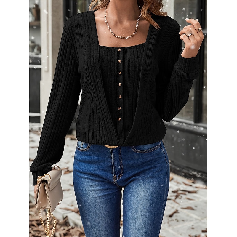 Women's Blouse Solid Color Vintage Stylish Casual Long Sleeve Square Neck Regular Tops Daily Layered Buttons Black Pink Purple Green Khaki Spring Fall Winter4