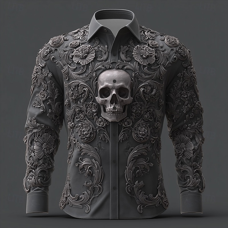 Men's Skull Floral Print Day of the Dead Shirt Button Up Shirt Long Sleeve Vintage Retro Dark Gothic Style Outdoor Holiday Spring Fall Turndown 3D Print Linen Like Shirt Black Dark Blue2