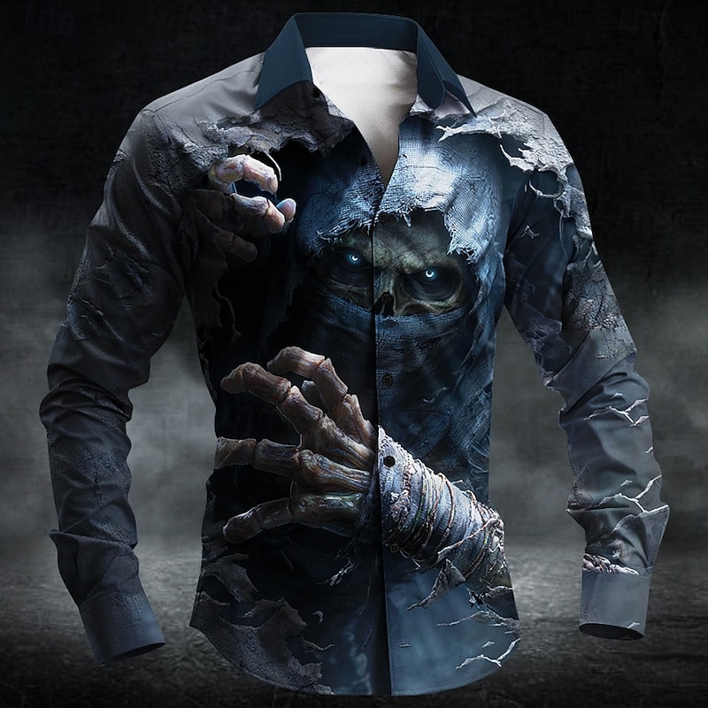 Halloween Men's Skull Grim Reaper Horror Shirt Button Up Shirt Long Sleeve Dark Punk Gothic Style Outdoor Holiday Summer Spring Turndown 3D Print Collared Shirts Dark Blue#1 Dark Blue