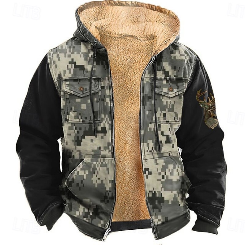 Men's Camo Camouflage Deer Fleece Hoodie Jacket Fashion Cool Hooded Hunting Green Khaki Zipper Pocket Fall Winter Designer3