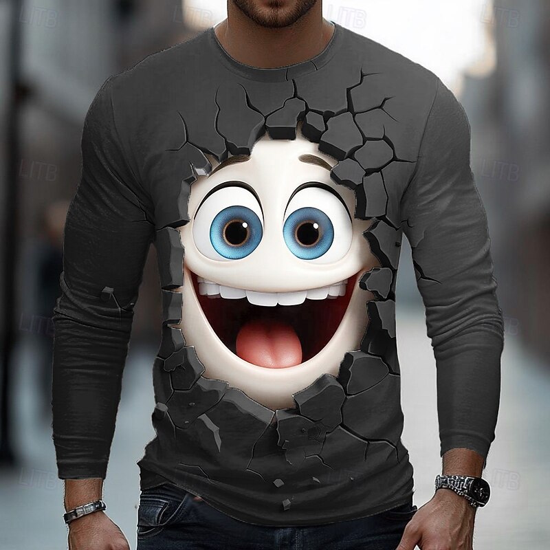 Men's 3D Funny Emotes T Shirt Long Sleeve T shirt 3D Print Crew Neck Shirt Fashion Exaggerated Street Daily Black Yellow Blue Summer Spring Fall Clothing Apparel S M L XL XXL XXXL3
