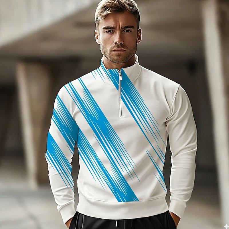 Men's Geometic Line Polo Long Sleeve Standing Collar Athleisure Vacation Athleisure Casual Daily 3D Print Spring Fall Winter Black Purple Blue2