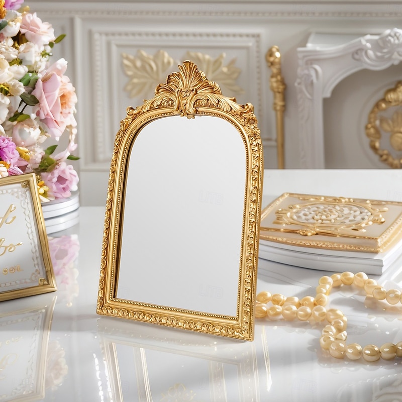 Resin Gold Arch Lace Decorative Wall Mirror – European Style Home Art Hanging Ornament for Wall Decor, Vanity Mirror, and Photography Prop
