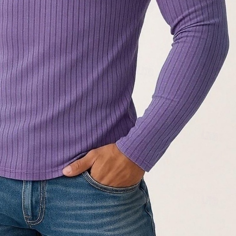 2 Piece Men's T Shirt Ribbed Knit tee Tee Top Long Sleeve Shirt Long Sleeve V Neck Spring Fall Winter Plain Pit Strip Fashion Designer Basic Knitting Vacation Street Casual Black  Purple Tee3