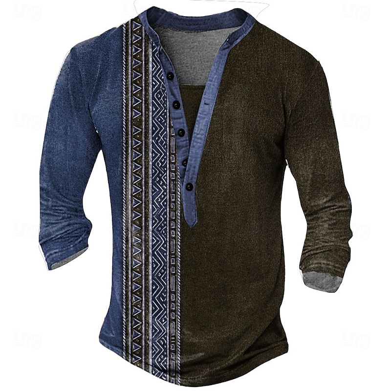 Men's Geometric Ethnic T Shirt Henley Shirt Long Sleeve Designer Retro Vintage Ethnic Street Casual Daily Summer Spring Fall Brown Green Blue khaki Henley Henley T-Shirt4