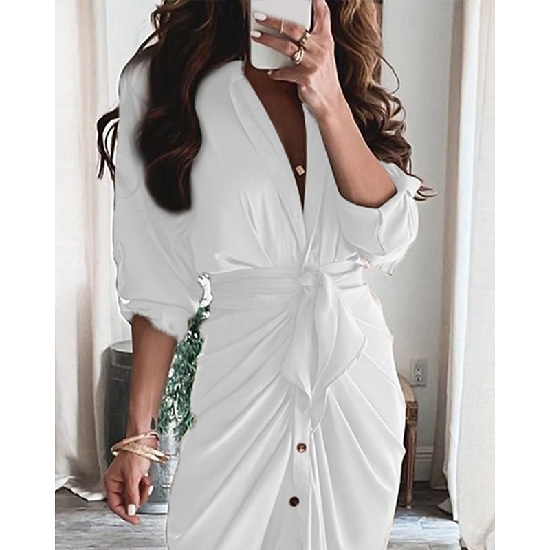 Women's Midi Dress Sheath Dress Chiffon Dress Fashion Modern Outdoor Holiday Going out Regular Fit Plain Long Sleeve V Neck White Yellow Khaki Light Blue Spring Fall3