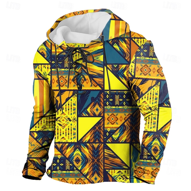 Men's Patchwork Tribal Hoodie Sweatshirt Ethnic Vintage Retro Hooded Outdoor Home Yellow Blue Drawstring Fall Winter Designer2