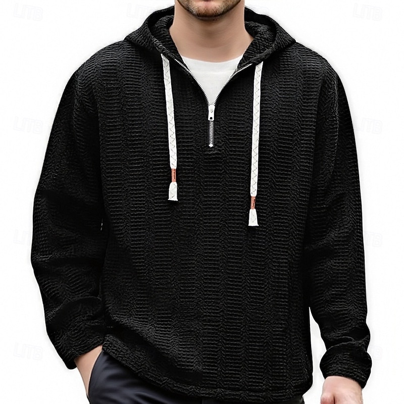 Men's Hoodie Quarter Zip Hoodie Black White Khaki Coffee Hooded Plain Jacquard Drawstring Sports & Outdoor Daily Holiday Polyester Streetwear Basic Casual Spring Fall Clothing Apparel Hoodies
