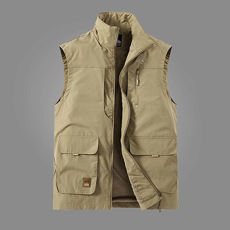 Men's Outdoor Vest Vest Fishing Vest Outdoor Daily Fashion Casual Spring Fall Pocket Buttons Nylon Comfortable Plain Zipper Stand Collar Regular Fit Black Khaki Army Green Dark Blue Vest
