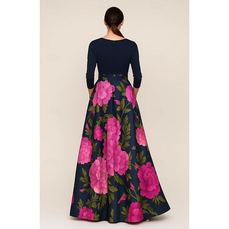 A-Line Mother of the Bride Floral Print Evening Gown Elegant Formal Dress Formal Wedding Floor Length Stretch Crepe Top 3/4 Length Sleeve V Neck Pocket Satin with Flower2