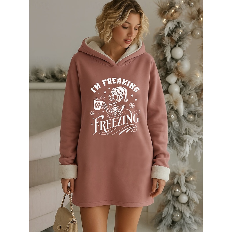 Women's Knee Length Dress Shift Dress Casual Home New Year Loose Fit Graphic Letter Long Sleeve Hooded Pink Fall Winter