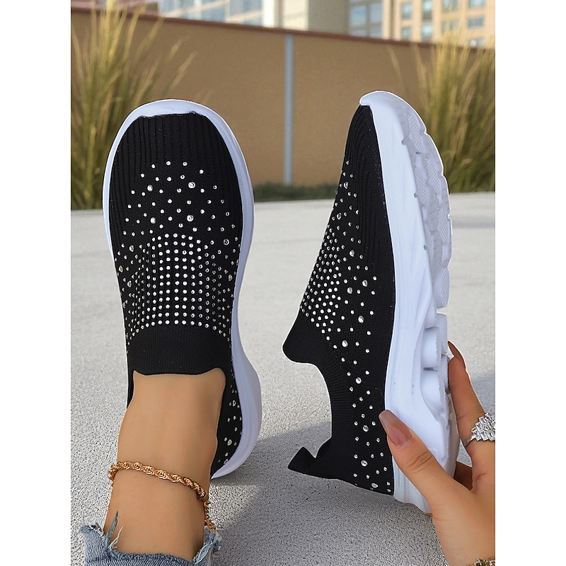 Women's Black Slip On Flyknit Sneakers with Rhinestone Detailing – Lightweight Casual Walking Shoes for Everyday Wear